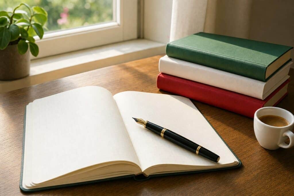 Quaderno e libri per studiare gli accenti in italiano