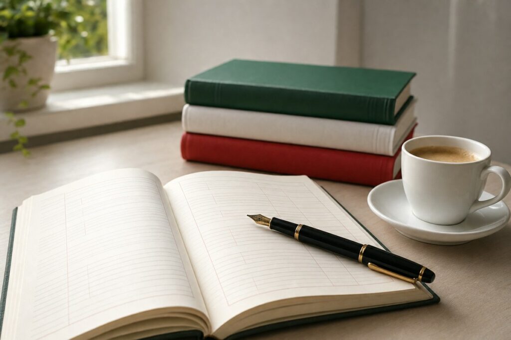 Quaderno e libri per capire quando si usa l'accento o l'apostrofo in italiano
