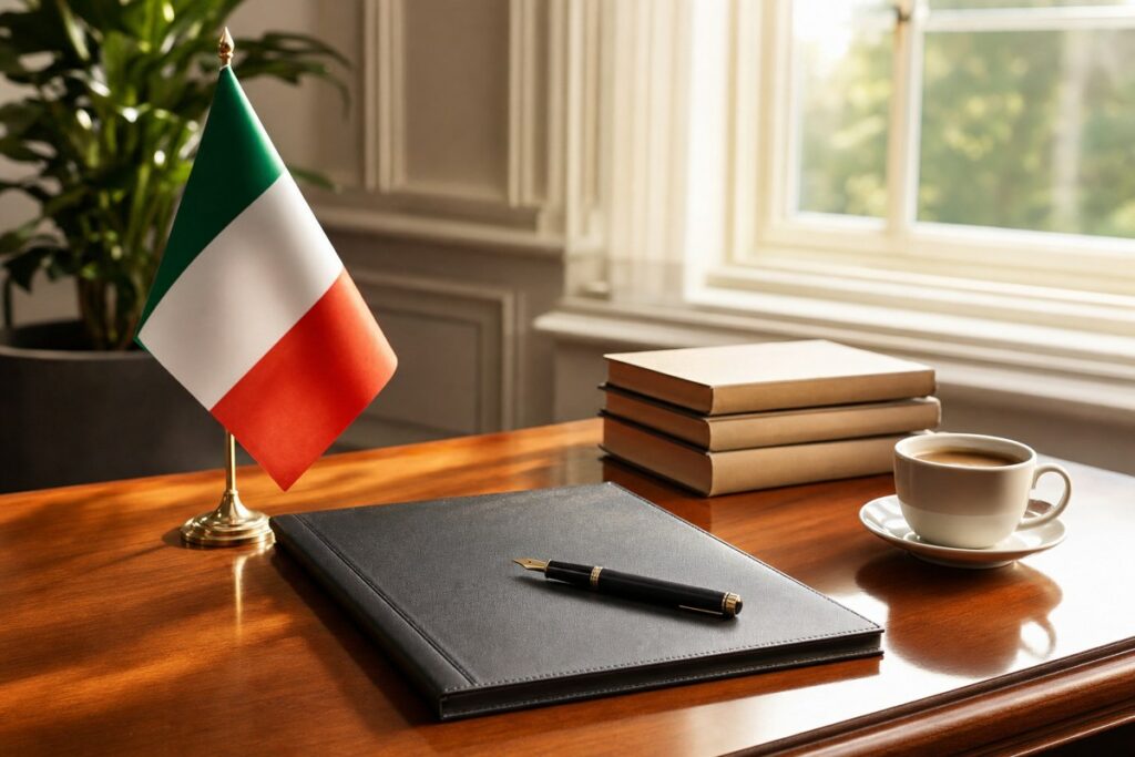 Cartella con penna e bandiera italiana per l'accordo di integrazione