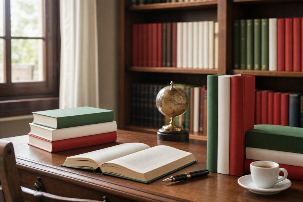 Libri e quaderno per la guida completa agli avverbi in italiano