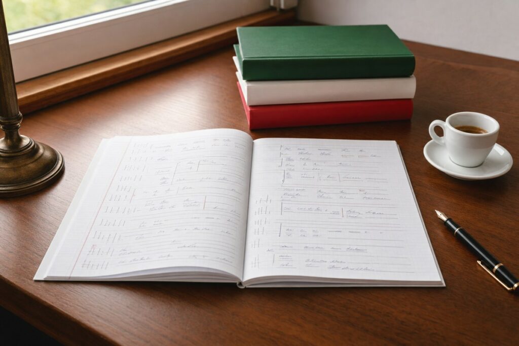 Quaderno e libri per studiare gli avverbi interrogativi in italiano