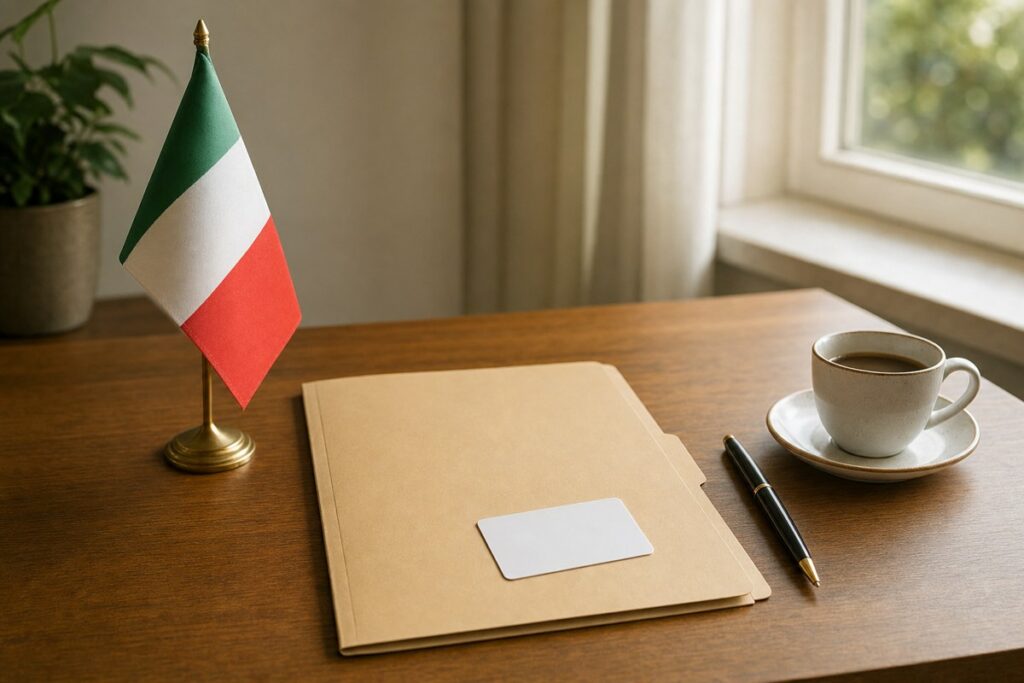 Cartella di documenti, tessera e bandiera italiana per la carta di soggiorno