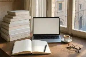Scrivania di studio con libri e laptop per la preparazione all'esame CILS B2