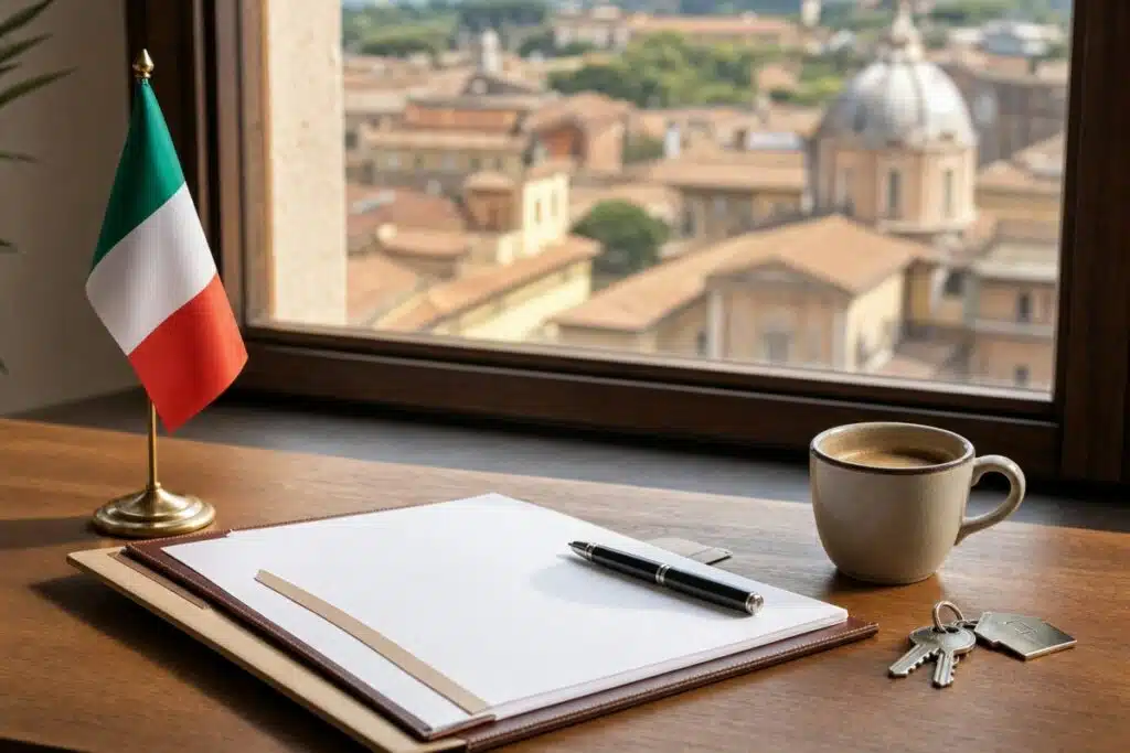 Documenti, chiavi e bandiera italiana per la cittadinanza italiana per residenza