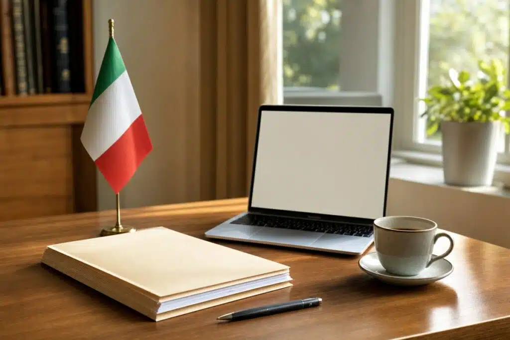 Scrivania con bandiera italiana e documenti per la domanda di cittadinanza italiana