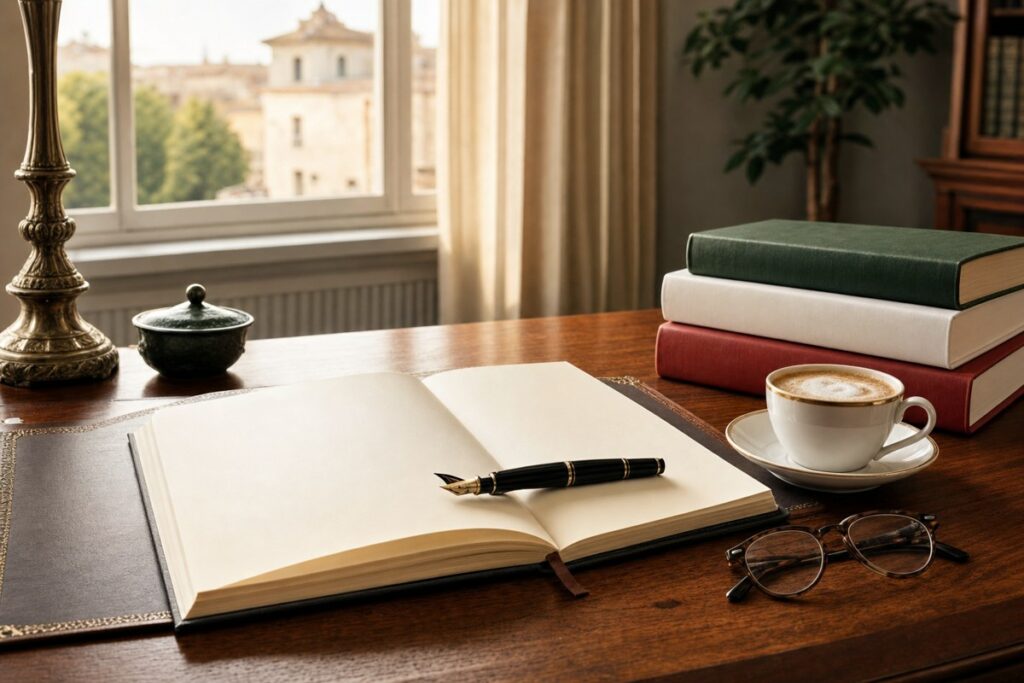 Quaderno, libri e caffè per la guida completa alle congiunzioni in italiano
