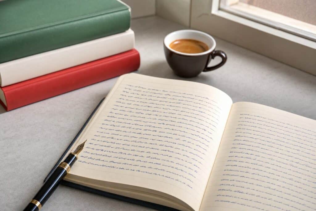 Quaderno e libri per studiare le congiunzioni avversative in italiano