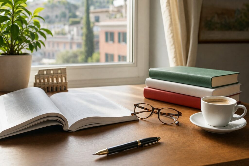 Quaderno e libri per studiare le congiunzioni correlative in italiano