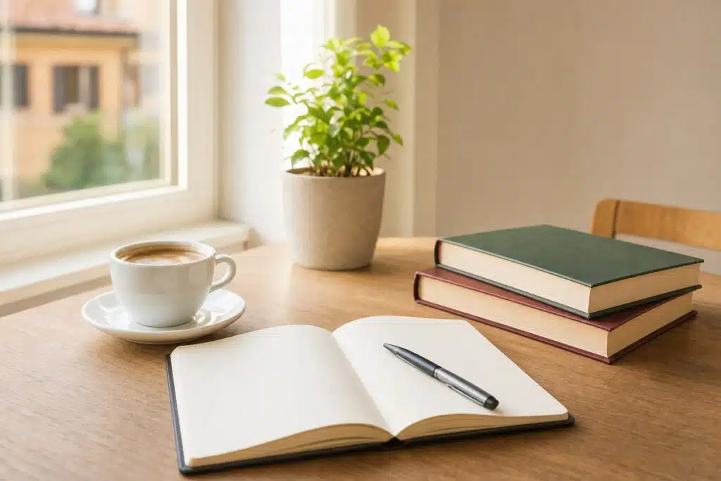 Scrivania con quaderno, libri e caffè per la preparazione all'esame A2 italiano