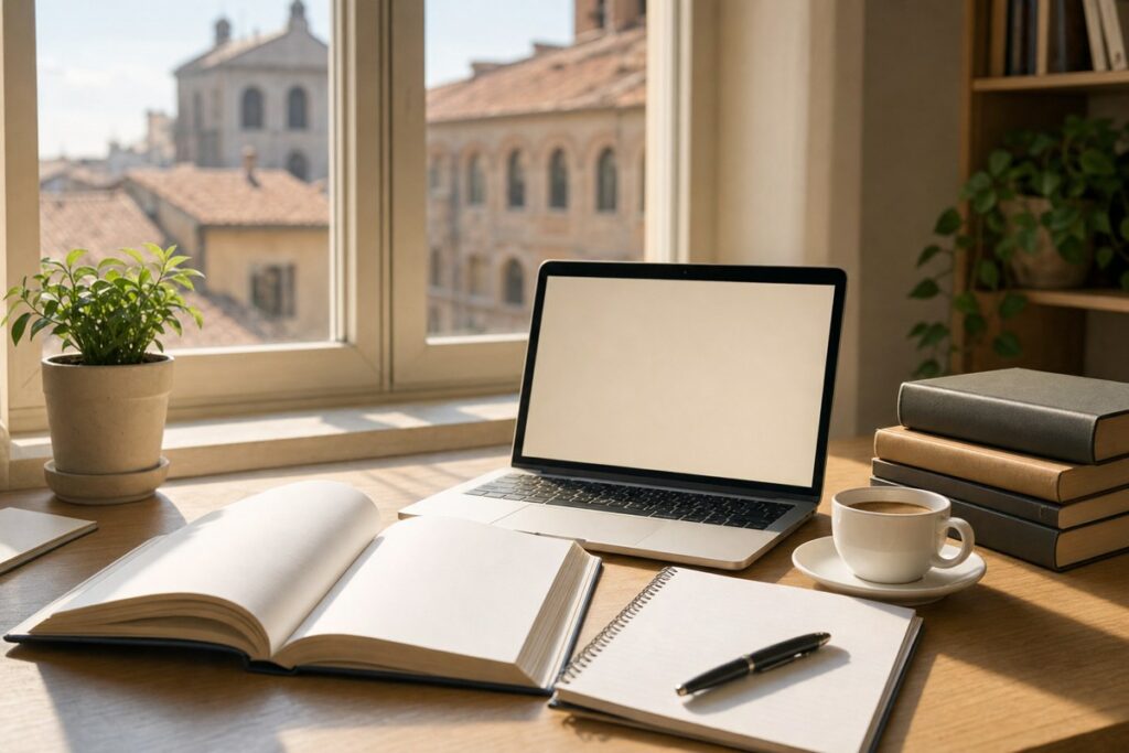 Scrivania di studio per l'esame B2 italiano con libri, laptop e caffè
