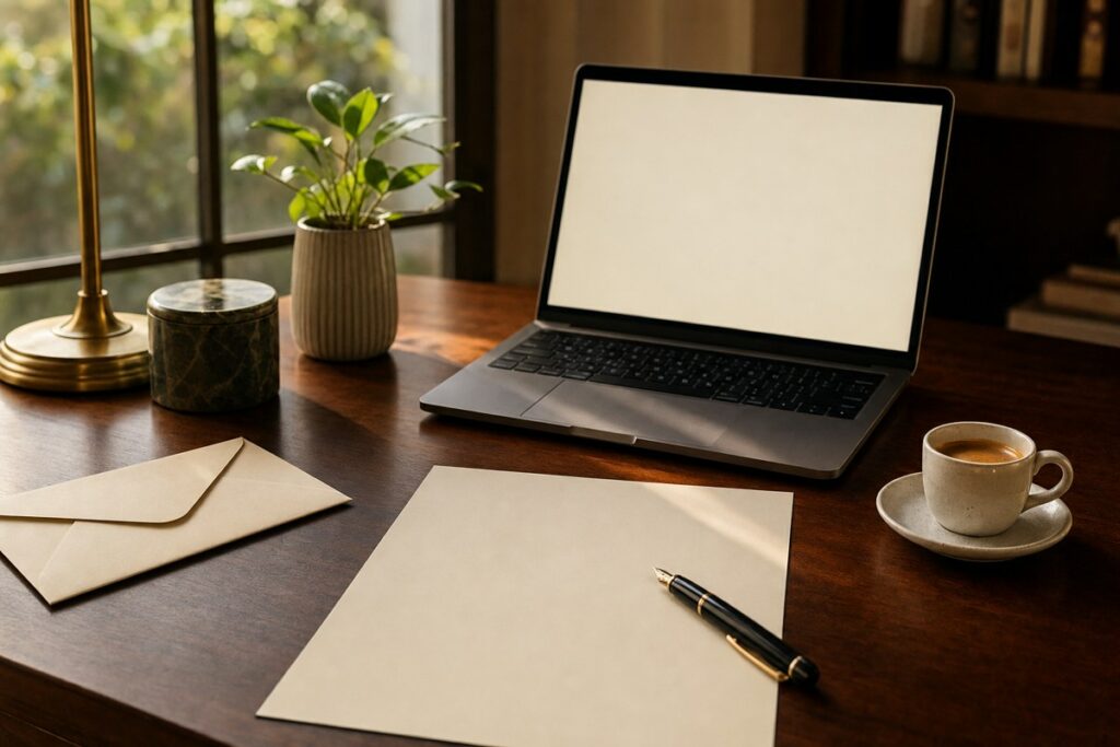 Scrivania con carta, penna e laptop per scrivere una lettera formale in italiano