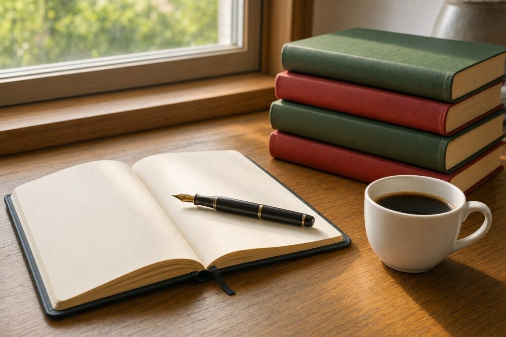 Quaderno e libri per studiare le onomatopee in italiano
