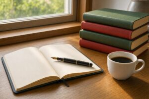 Quaderno e libri per studiare le onomatopee in italiano
