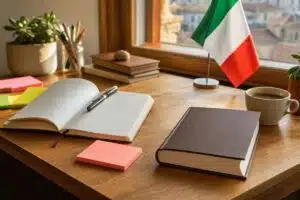 Scrivania di studio per imparare passato prossimo o imperfetto in italiano
