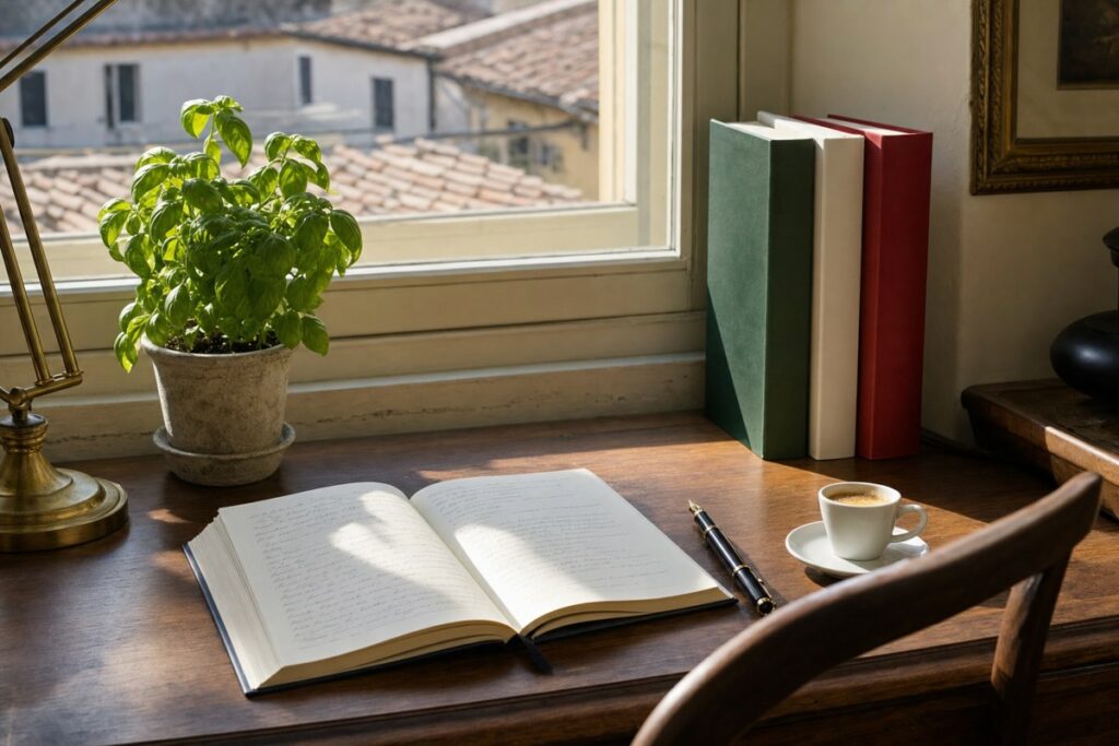 Scrivania italiana con quaderno e libri per capire se si scrive perché o perchè