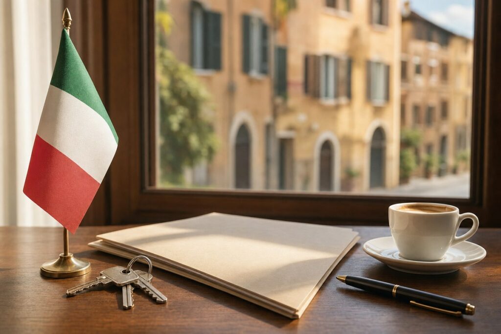 Bandiera italiana, chiavi e documenti per il permesso di soggiorno di lungo periodo