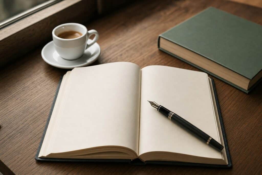 Quaderno aperto e caffè per imparare a scrivere po' o pò in italiano