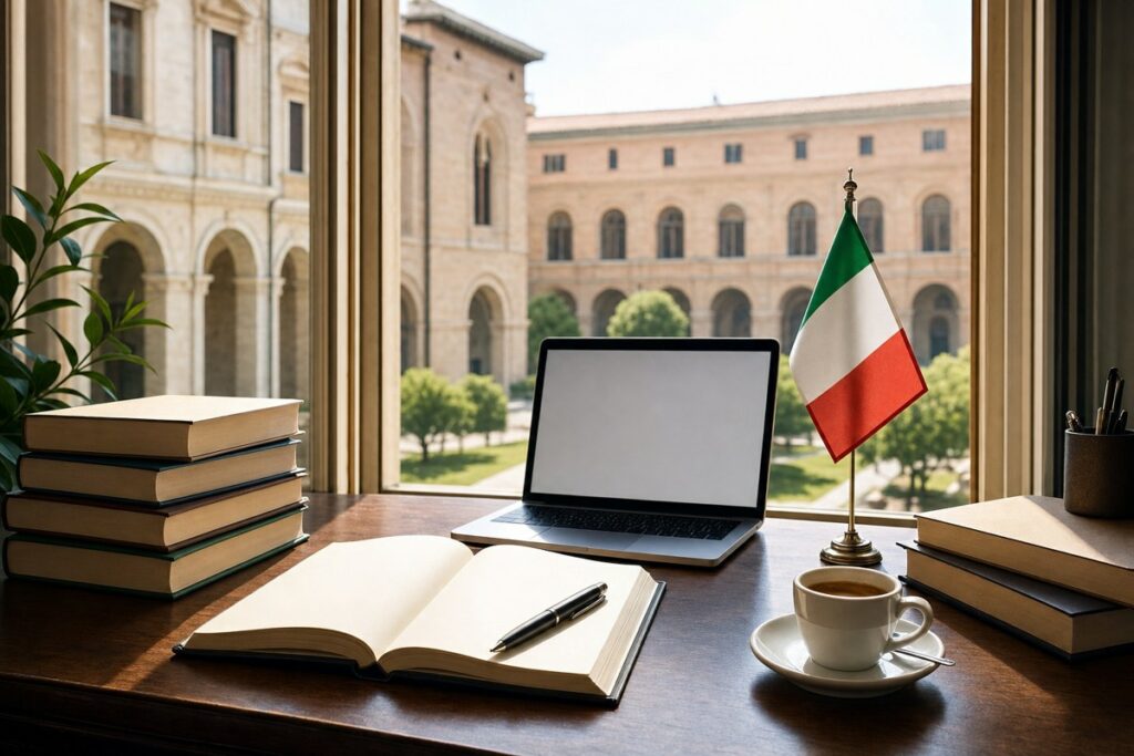 Libri, laptop e bandiera italiana per studiare in Italia all'università