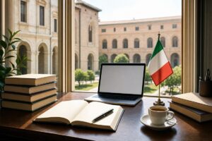 Libri, laptop e bandiera italiana per studiare in Italia all'università
