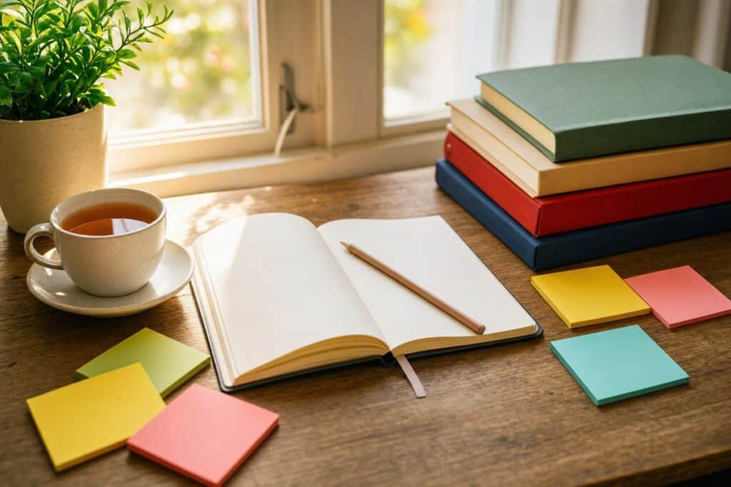 Scrivania con quaderno, libri e post-it per la preparazione al test A2 italiano