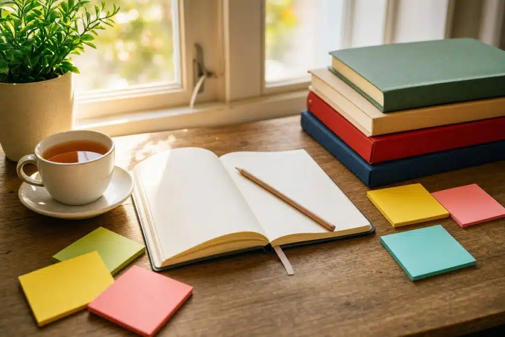 Scrivania con quaderno, libri e post-it per la preparazione al test A2 italiano