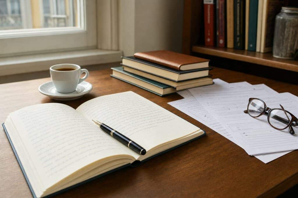 Scrivania per la preparazione del test B1 cittadinanza con quaderno, penna e caffè