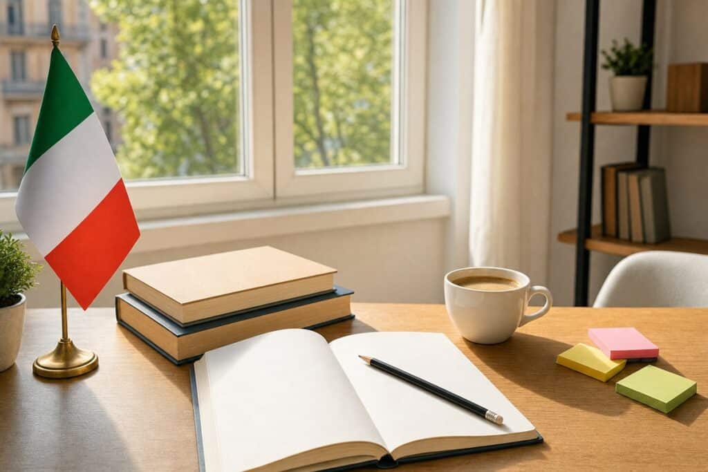 Quaderno, libri e bandiera italiana per il test di lingua italiana per la carta di soggiorno
