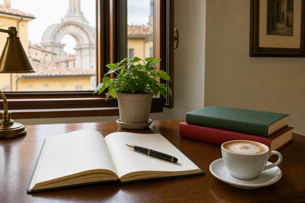 Scrivania italiana con quaderno e libri per capire se si scrive un'amico o un amico