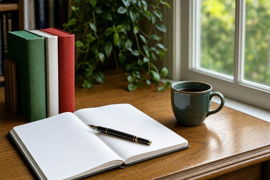 Quaderno, penna e libri per imparare a scrivere un po' o un pò