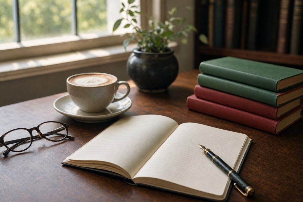 Quaderno, occhiali e libri per imparare l'uso della virgola in italiano