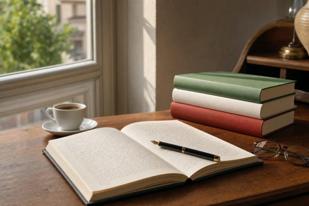 Scrivania di studio con libri e quaderno per imparare le virgolette in italiano