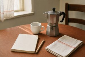 Tavolo italiano con moka e quaderno per prepararsi alle date CILS A2 Integrazione 2026