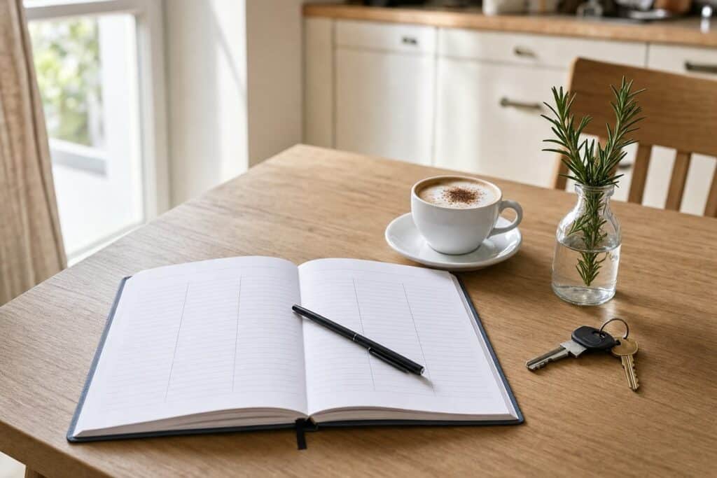 Agenda aperta e cappuccino su un tavolo per segnare le date CILS B1 Cittadinanza 2026