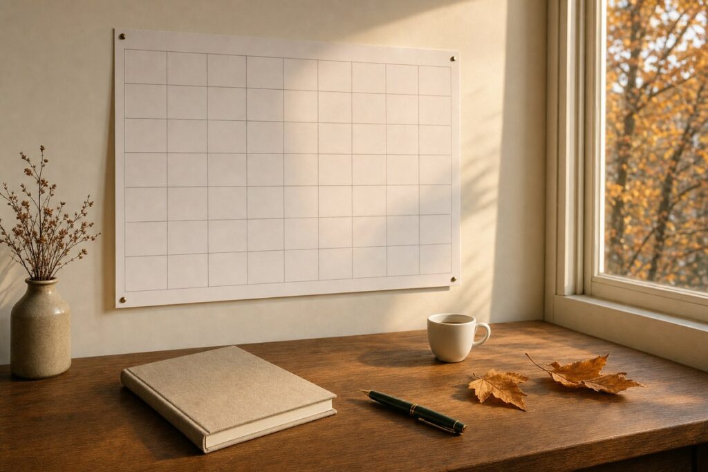 Calendario da parete e quaderno su una scrivania per pianificare le date CILS B2 2026