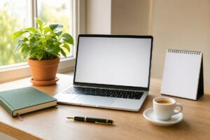 Scrivania con laptop aperto per consultare i risultati esami CILS B1 Cittadinanza online